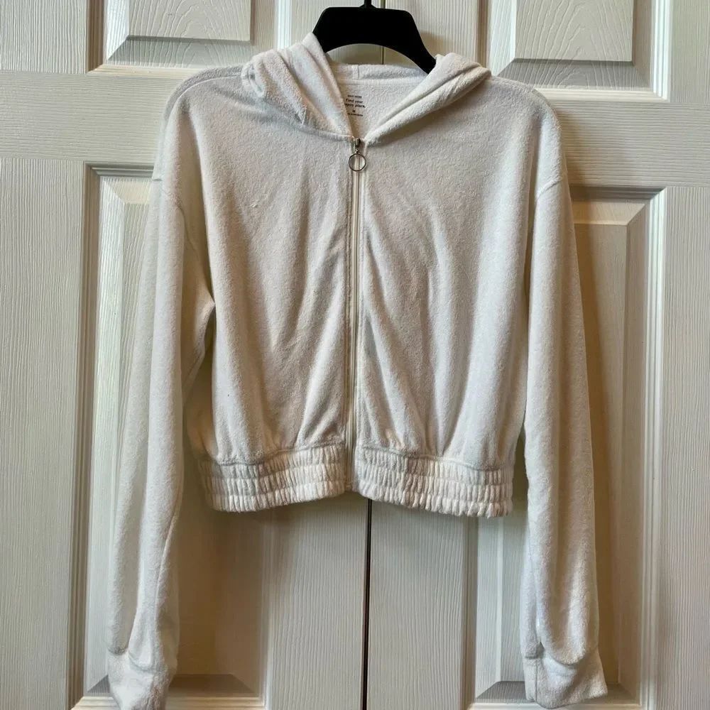 White Stretch Terry Zip-Up Hoodie - Picture 3 of 5